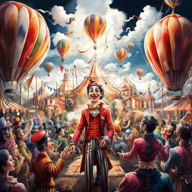 A high-quality digital painting of a lively circus scene, featuring a ringmaster, performers, and spectators