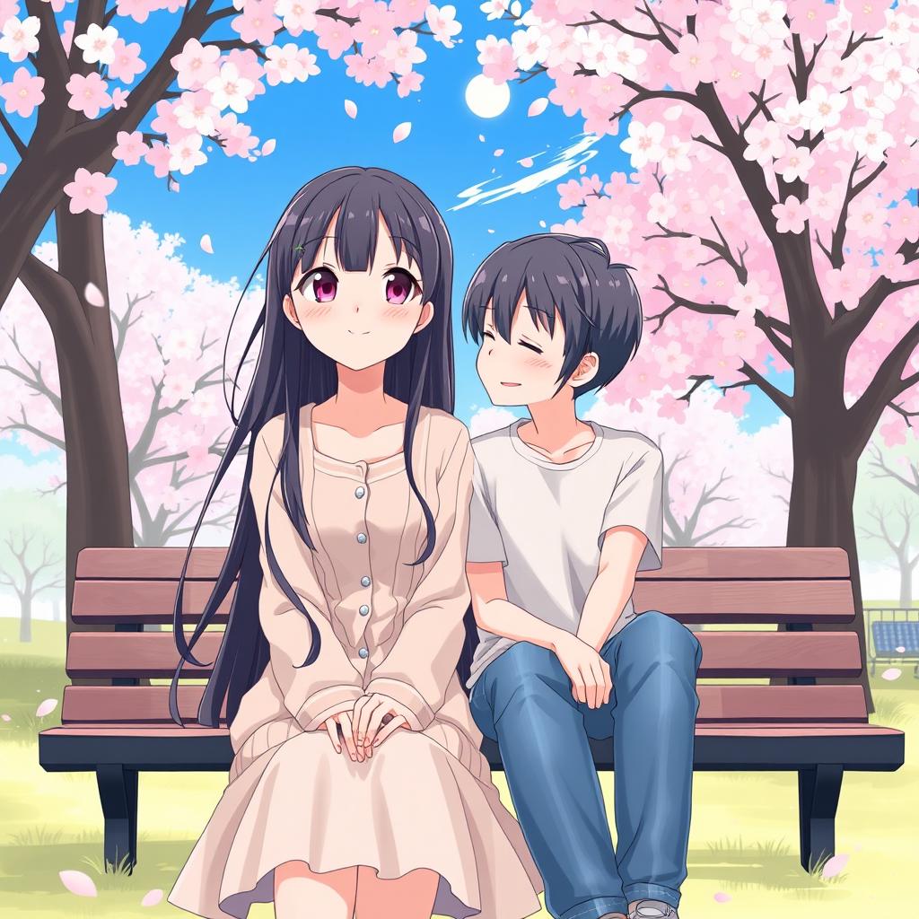 A serene and intimate illustration featuring Sawako from a popular anime, sitting together with a friend in a peaceful park