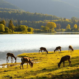 A serene landscape featuring a tranquil lake surrounded by lush greenery