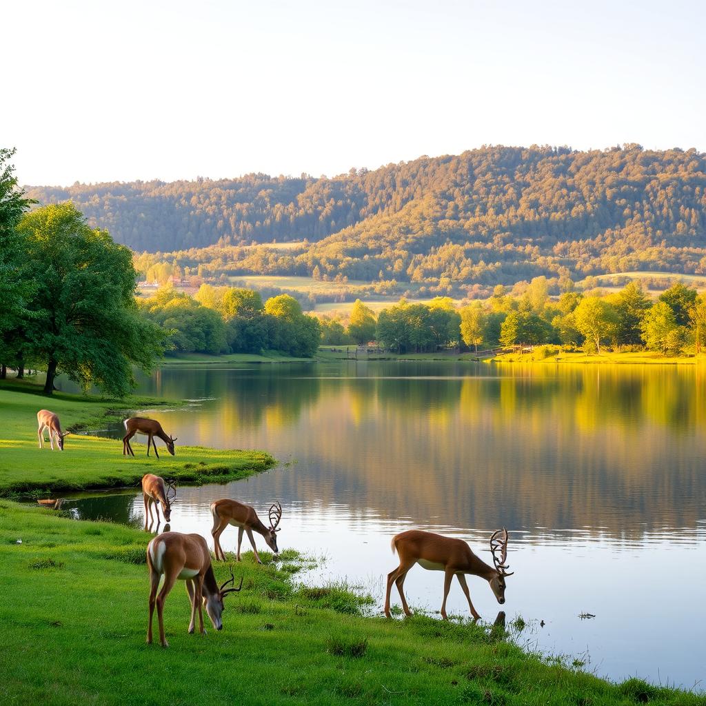 A serene landscape featuring a tranquil lake surrounded by lush greenery