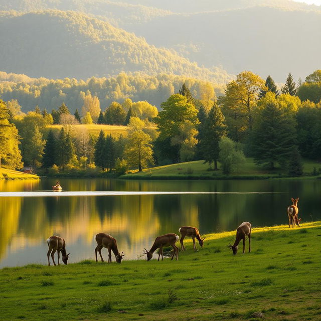 A serene landscape featuring a tranquil lake surrounded by lush greenery