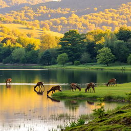 A serene landscape featuring a tranquil lake surrounded by lush greenery