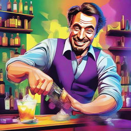 A high-quality digital art image of a man, presumably a bartender, appearing tipsy as he attempts to mix a cocktail