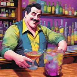 A high-quality digital art image of a man, presumably a bartender, appearing tipsy as he attempts to mix a cocktail