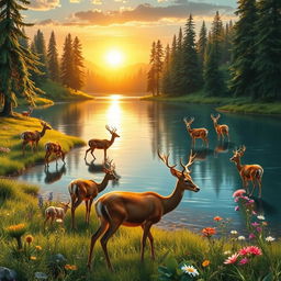 A serene landscape featuring multiple graceful deer around a tranquil lake, with lush greenery and tall trees surrounding the water