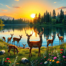 A serene landscape featuring multiple graceful deer around a tranquil lake, with lush greenery and tall trees surrounding the water