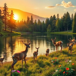 A serene landscape featuring multiple graceful deer around a tranquil lake, with lush greenery and tall trees surrounding the water