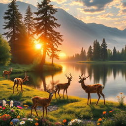 A serene landscape featuring multiple graceful deer around a tranquil lake, with lush greenery and tall trees surrounding the water