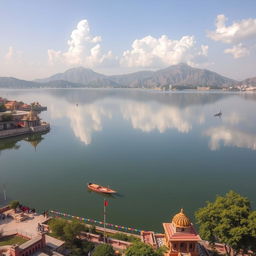 A serene landscape of Pushkar Lake in Kurukshetra, India, showcasing the tranquility of the water surrounded by lush greenery