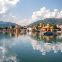 A serene landscape of Pushkar Lake in Kurukshetra, India, showcasing the tranquility of the water surrounded by lush greenery