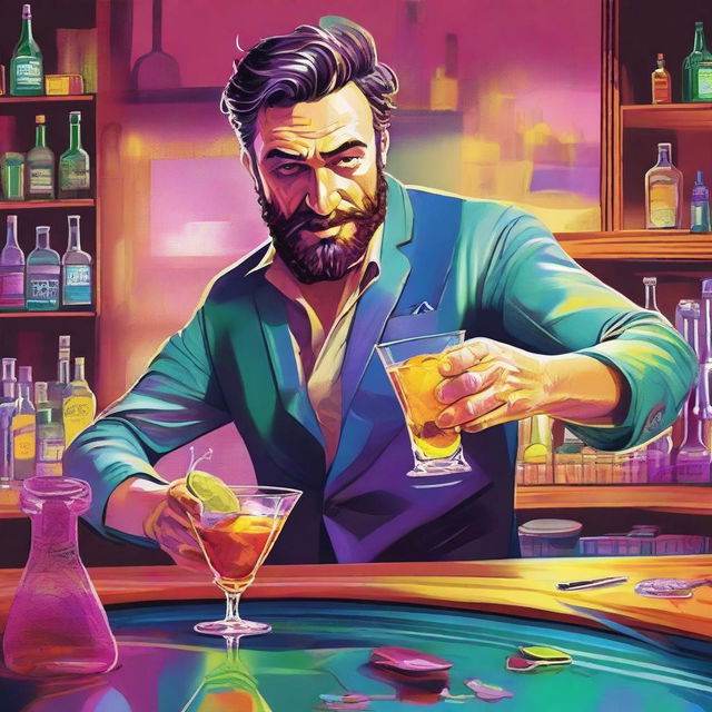 A high-quality digital art image of a man, presumably a bartender, appearing tipsy as he attempts to mix a cocktail