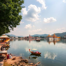 A serene landscape of Pushkar Lake in Kurukshetra, India, showcasing the tranquility of the water surrounded by lush greenery