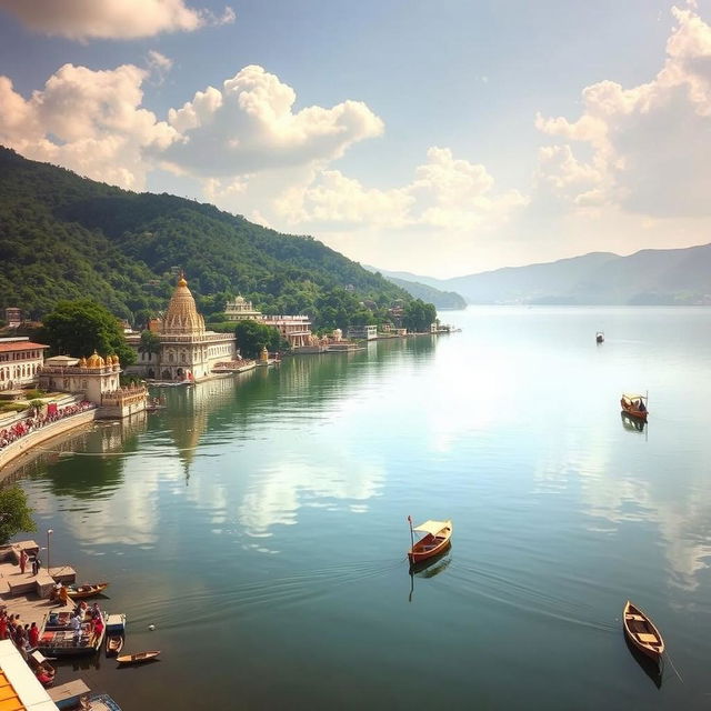 A serene landscape of Pushkar Lake in Kurukshetra, India, showcasing the tranquility of the water surrounded by lush greenery