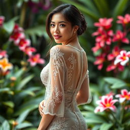 A beautiful sexy woman wearing a transparent kebaya, showcasing intricate embroidery and lace details