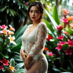 A beautiful sexy woman wearing a transparent kebaya, showcasing intricate embroidery and lace details