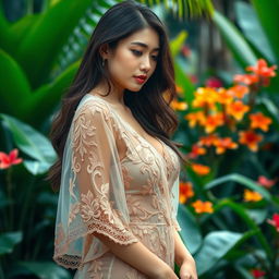 A beautiful sexy woman wearing a transparent kebaya, showcasing intricate embroidery and lace details