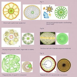 A highly detailed illustration showcasing a variety of plant cells with labeled figures: fig