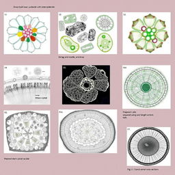 A highly detailed illustration showcasing a variety of plant cells with labeled figures: fig