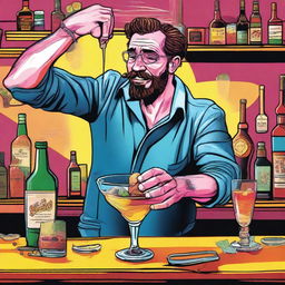 A high-quality digital art image of a man, presumably a bartender, appearing tipsy as he attempts to mix a cocktail