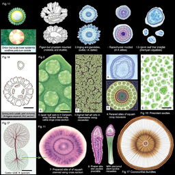 A highly detailed illustration showcasing a variety of plant cells with labeled figures: fig