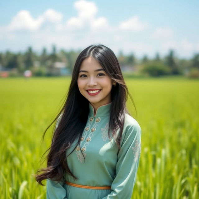 A beautiful Malay girl wearing a traditional baju kurung, set in a lush green paddy field