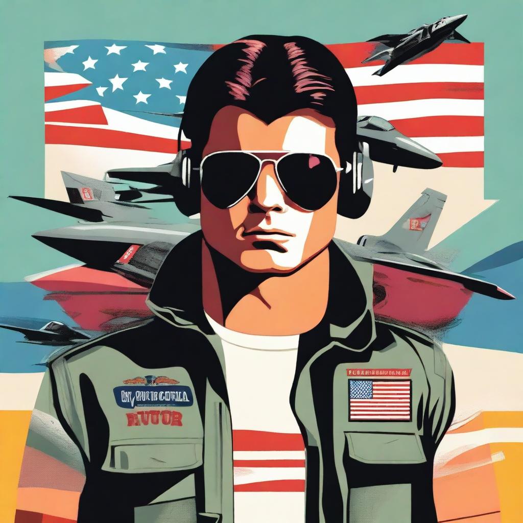 A flat graphic image inspired by the movie Top Gun, showcasing highest quality and vivid colours