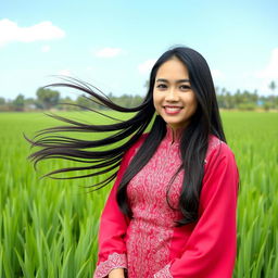 A beautiful Malay girl wearing a traditional baju kurung, set in a lush green paddy field