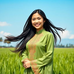 A beautiful Malay girl wearing a traditional baju kurung, set in a lush green paddy field