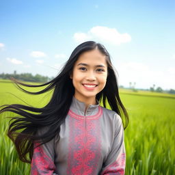 A beautiful Malay girl wearing a traditional baju kurung, set in a lush green paddy field