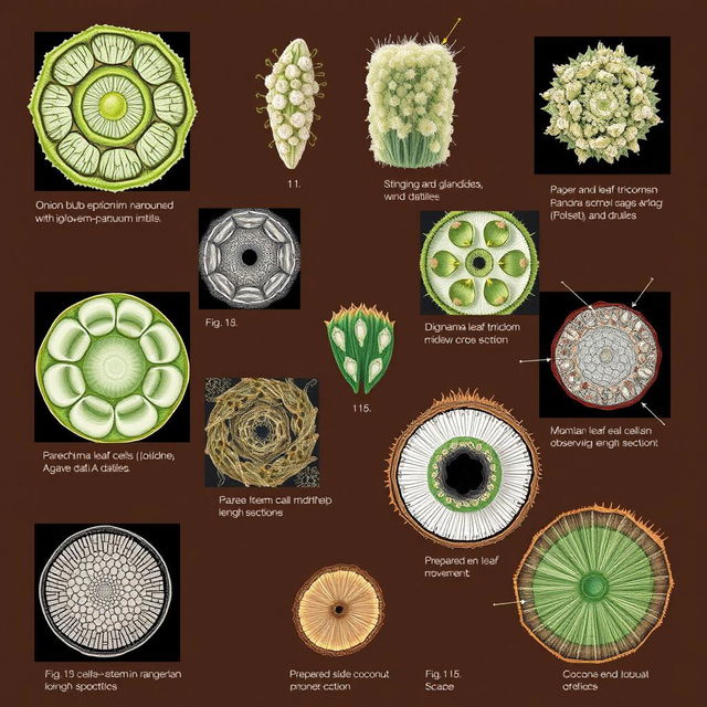 Create an intricate illustration showcasing various plant cells, labeled in a structured format: fig