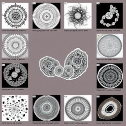 Create an intricate illustration showcasing various plant cells, labeled in a structured format: fig