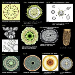 Create an intricate illustration showcasing various plant cells, labeled in a structured format: fig