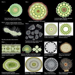 Create an intricate illustration showcasing various plant cells, labeled in a structured format: fig