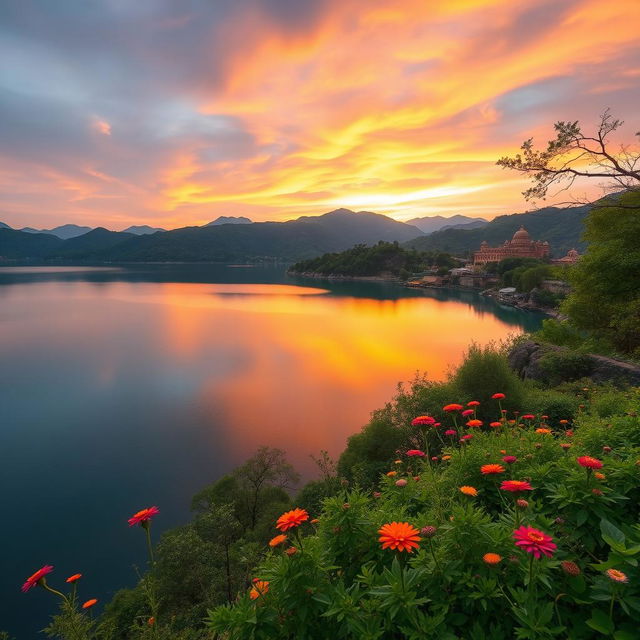 A breathtaking view of a serene lake nestled in the scenic hills of Mount Abu, Rajasthan, surrounded by lush greenery and rugged mountains