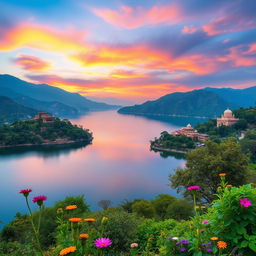 A breathtaking view of a serene lake nestled in the scenic hills of Mount Abu, Rajasthan, surrounded by lush greenery and rugged mountains