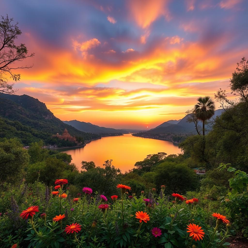 A breathtaking view of a serene lake nestled in the scenic hills of Mount Abu, Rajasthan, surrounded by lush greenery and rugged mountains