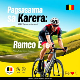 A vibrant brochure cover design featuring Remco Evenepoel, the professional cyclist
