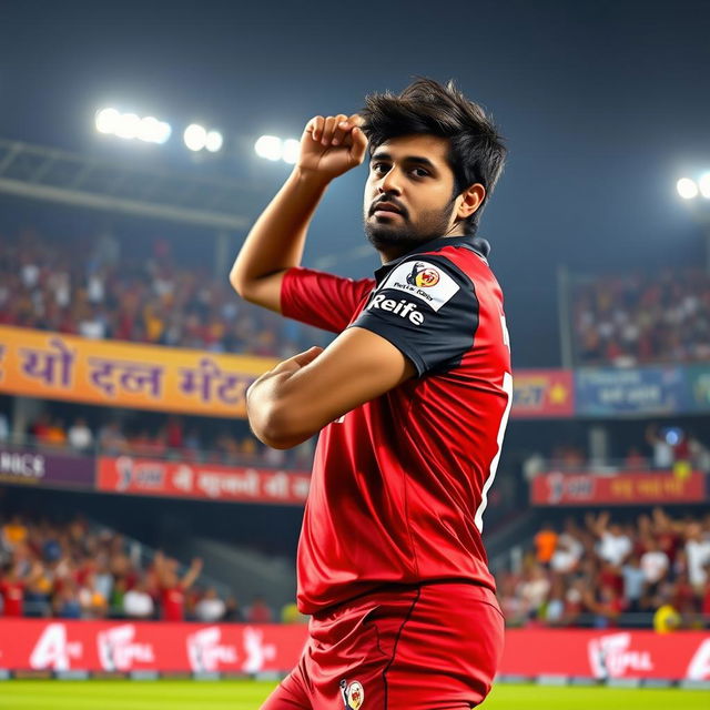 An imaginary scene depicting Bhuvneshwar Kumar wearing the Royal Challengers Bangalore (RCB) jersey in IPL 2025