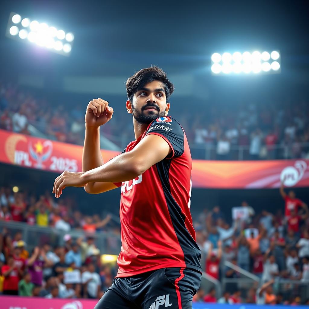 An imaginary scene depicting Bhuvneshwar Kumar wearing the Royal Challengers Bangalore (RCB) jersey in IPL 2025