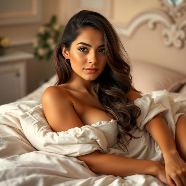 A beautiful 20-year-old woman reclining on a plush bed, her hair cascading around her shoulders