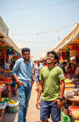 A lively scene featuring two friends, Ali and Zafar, enjoying a sunny day at a bustling outdoor market