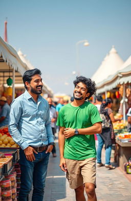 A lively scene featuring two friends, Ali and Zafar, enjoying a sunny day at a bustling outdoor market
