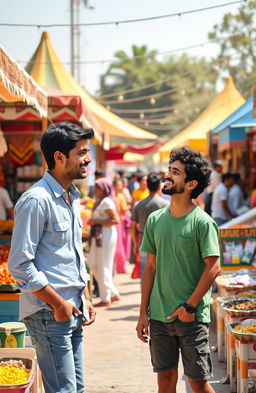 A lively scene featuring two friends, Ali and Zafar, enjoying a sunny day at a bustling outdoor market
