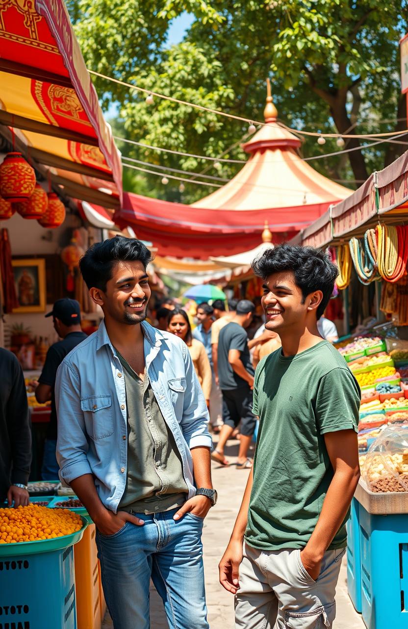 A lively scene featuring two friends, Ali and Zafar, enjoying a sunny day at a bustling outdoor market