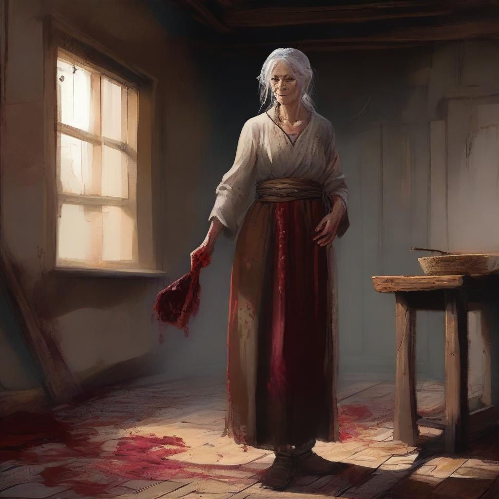 Depict an aged human woman, an innkeeper by profession, standing victoriously in the rustic setting of her inn