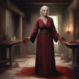 Depict an aged human woman, an innkeeper by profession, standing victoriously in the rustic setting of her inn