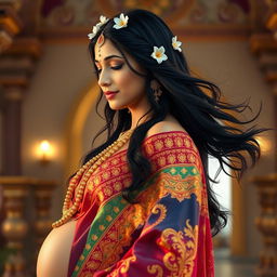 A beautiful Hindu goddess in a serene and graceful side pose, showcasing her pregnancy glow