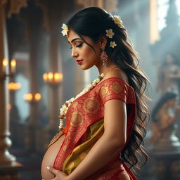 A beautiful Hindu goddess in a serene and graceful side pose, showcasing her pregnancy glow
