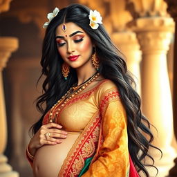 A beautiful Hindu goddess in a serene and graceful side pose, showcasing her pregnancy glow