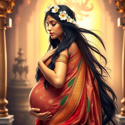 A beautiful Hindu goddess in a serene and graceful side pose, showcasing her pregnancy glow